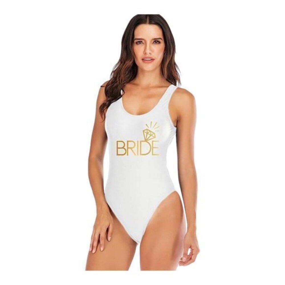 Women's Bride To Be Squad Team High Cut White Gold Swimsuit Size XL NWT #1883